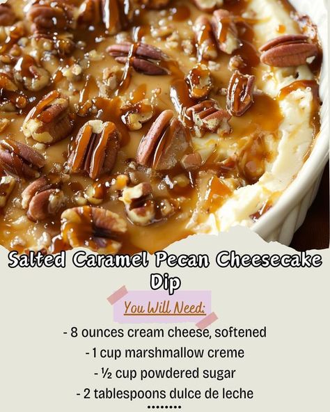 Pecan Cheesecake Dip, Caramel Cheesecake Dip, Caramel Pecan Cheesecake, Easy Family Recipes, Pecan Cheesecake, Salted Caramel Cheesecake, Cheesecake Dip, Salt Flakes, Crunchy Pecans