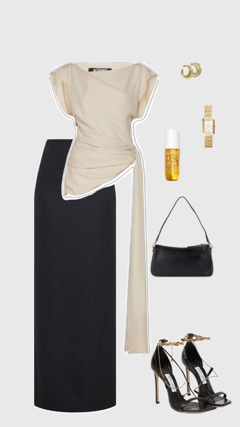 A chic and modern outfit flat lay featuring a beige asymmetric wrap top paired with a high-waisted black pencil skirt. Accessories include black strappy high-heeled sandals, a black handbag, gold hoop earrings, a gold wristwatch, and a roll-on fragrance bottle. The ensemble is sleek and polished, perfect for formal occasions. Elegant Evening Outfit, Outfit Polyvore, Heels Gold, Evening Outfit, Outfit Collage, Concert Fits, Black Pencil Skirt, Winter Dress, Evening Outfits