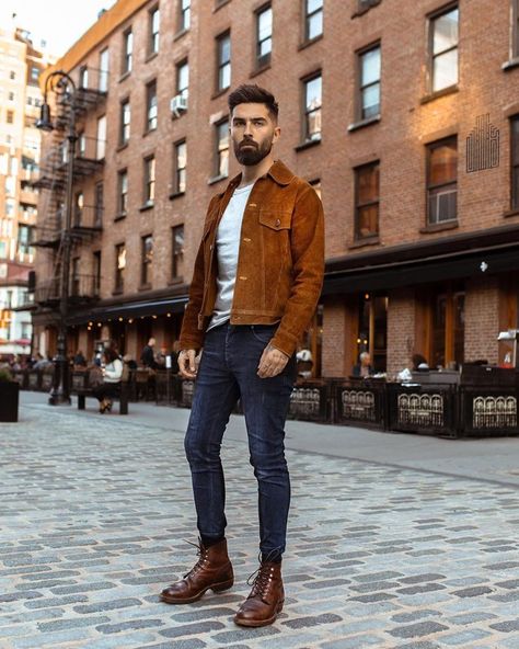 Chris John Millington on Instagram: “Fall has begun. NYC’s golden season. 🔥” Brown Jeans Outfit Mens, Church Outfit Men, Chris John Millington, Brown Jeans Outfit, Brown Jacket Outfit, Mens Street Style Winter, John Millington, Chris John, Mens Fall Outfits