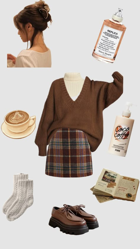 Cinnamon Outfit Fall Fashion, Cute Fall Thanksgiving Outfits, Coffee Shop Style Outfits, Cute Brown Sweater For Fall, Coffee Aesthetic Clothes, Cafe Outfit Ideas Winter, Cozy Astetic Outfits, Fall Fits Skirts, Cafe Study Outfit