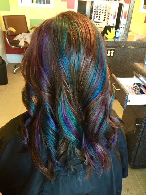 Brown haircolor with peacock teal and purple highlights throughout by Lauren Woodham. #laurenwoodhambeauty #burlington #nc Peacock Hair Color, Teal Highlights, Peacock Hair, Hairstyles Color, Peekaboo Hair, Teal Hair, Hair Color Crazy, Beautiful Red Hair, Hair Color Purple