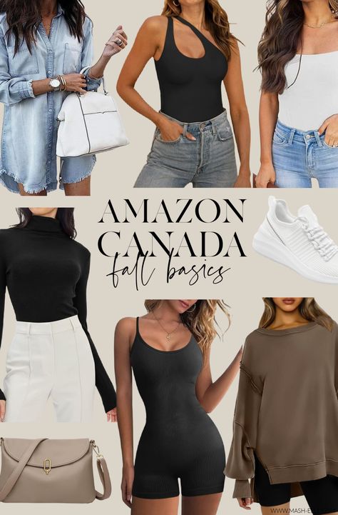 The top Amazon Canada fall fashion under $50. All the Tik Tok viral styles! Fall boots, vest, turtleneck crop top, gold hoop earrings, high waisted pants, crossbody bag, black sunglasses, workout tops, low heel, trenchcoat, ankle boots, shacket and more! The best Canadian Amazon fashioon picks. #AmazonCanada #CanadaStyle Canadian Outfits Summer, Amazon Canada Fashion Finds, Amazon Canada, Amazon Canada Fashion, Amazon Basics Clothing, Canada Clothes, Canada Fashion, Fall Fashion Accessories, Amazon Clothes