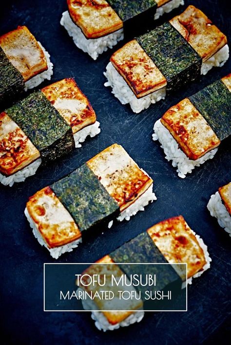 Tofu Musubi - Marinated Tofu Sushi | Proportional Plate | A vegan twist on the classic spam musubi, this tofu musubi will win over your heart! Tofu Musubi, Vegan Tofu Recipes, Musubi Recipe, Tofu Sushi, Easy Tofu, Sushi Recipe, Tofu Recipes Vegan, Spam Musubi, Vegan Tofu