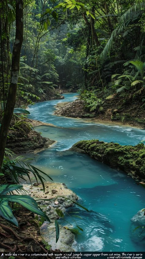 "A wide shot of blue river in a tropical jungle. The river is contaminated with waste from a copper open cut mine. The scene is eerie and reflects environmental damage from mining activities" --v 6 Mining Activities, Rainforest Art, Jungle River, Gospel Art, Dream Cars Audi, Photography Scenery, Deep Jungle, Jungle Forest, River Forest