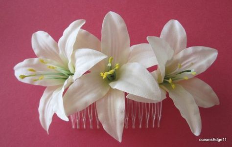 Triple Cream White Lily Silk Flower Hair Comb Updo French Twist, Lily Silk, Clear Hair, Headpiece Jewelry, Make Your Own Clothes, White Lily, Flower Hair Comb, French Twist, White Lilies