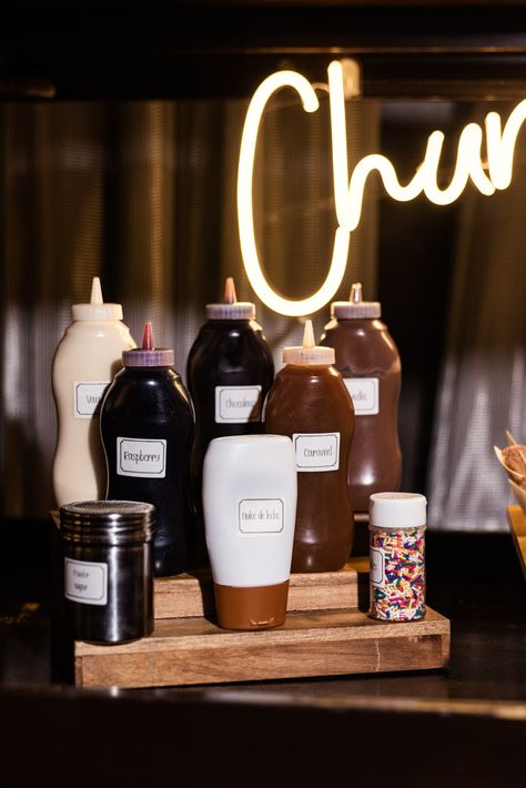 Detail photo of churro dessert sauces at Rockwell on the River wedding reception Churro Station Bar Ideas, Churro Bar Wedding, Churro Station, Churro Bar, Mexico Birthday, Dessert Station Wedding, Churro Dessert, Wine Themed Decor, Chicago Hot Dog