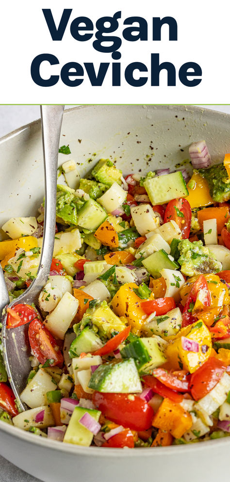 Vegan ceviche in a bowl. Wfpb Meals, Vegan Ceviche, Vegan Party Snacks, Vegan Seafood, Vegan Dips, Healthy Apps, Peruvian Dishes, Vegan Muscle, Clean Eating Salads