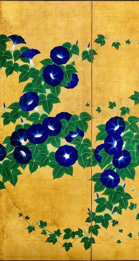 Detail. Morning Glories. Japanese folding screen. 鈴木其一 Suzuki Kiitsu. Rinpa School icon Nineteenth century. Rinpa School, Japanese Lacquerware, Asian Flowers, Asian Landscape, Kerala Mural Painting, Screen Painting, Fabric Wall Art, Asian Painting, Plant Illustration