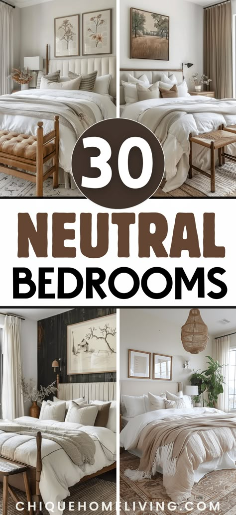 Searching for timeless and elegant bedroom designs? Explore 30 stunning neutral bedroom ideas that promise to create a serene and sophisticated ambiance. From minimalist chic to cozy comfort, which design will become your favorite? Cozy Bedroom Decor Ideas, Bedroom Ideas Cozy, Neutral Bedroom Design, Cozy Bedroom Decor, Elegant Bedroom Design, Soothing Bedroom, Bathroom Sanctuary, Bedroom Decor For Small Rooms, Neutral Bedroom Decor