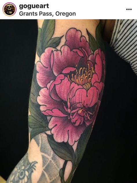 Magenta Flower Tattoo, Purple Peonies Tattoo, Pink Peony Tattoo, Peonies Purple, Floral Hip Tattoo, Floral Arm Tattoo, Realistic Flower Tattoo, Peony Flower Tattoos, Colored Tattoo