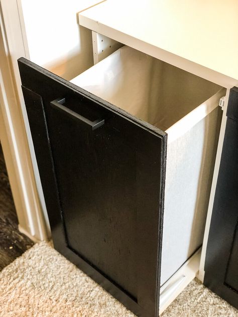 DIY Sliding Laundry Cabinet — Kayla Simone Home Sliding Laundry Baskets, Laundry Basket Cabinet Diy, Diy Basin Cabinet, Laundry Hamper Cabinet Diy, How To Build Tilt Out Laundry Hamper, Diy Built In Laundry Hamper, Bathroom Laundry Cabinet, Diy Pull Out Laundry Hamper, Diy Hamper Cabinet