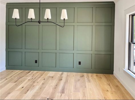 Olive Green Board And Batten Wall, Sage Green Board And Batten Wall, Green Board And Batten Wall, Dining Room Paneling, Green Kitchen Walls, Black Leather Couch, Batten Wall, Dining Room Updates, Green Accent Walls