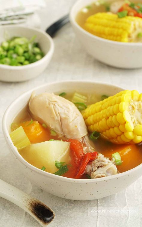 ABC Soup with Vegetables and Chicken - Khin's Kitchen Abc Soup Recipes, Chunky Soups, Chinese Chicken Soup, Soup Recipe Slow Cooker, Korean Soups, Abc Soup, Slow Cooker Pumpkin Soup, Chicken And Sweetcorn Soup, Soup With Vegetables