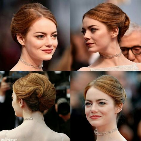 Emma Stone in chignon hairstyle and choker necklace at the red carpet during Cannes Film Festival 2015. Emma Stone Updo, Red Necklace Outfit, Red Carpet Updo, Chignon Hairstyle, Motif Soutache, Emma Stone Hair, Cannes Film Festival 2015, Short Hair Updo Tutorial, Sanggul Modern