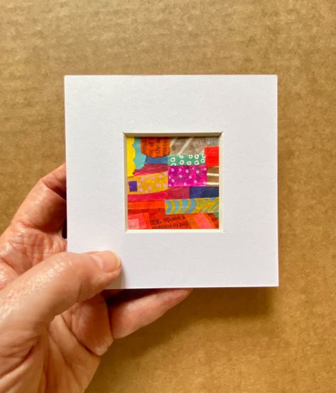 An original tiny collage abstract painting. This bold, colourful little artwork has been created on card using layers of paper collage. The collage includes hand-painted newsprint, tissue paper and origami paper. The layers creates lots of quirky shapes, interesting colour plays and lovely textures. This fun, unique little piece would make a lovely one-of-a-kind gift for a friend or loved one. These tiny paintings also look lovely grouped together. The art is mounted in a deep-edged, white cardb Tiny Abstract Paintings, Small Collage Art, Collage Abstract Art, Collage Cards Handmade, Paper Layering Art, Abstract Shapes Painting, Collage Paper Art, Miniature Art Painting, Contemporary Mixed Media Art