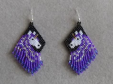 Unicorn Earrings Black and Purple by FoxyMomma on etsy | Flickr - Photo Sharing! Unicorn Beads Pattern, Beaded Unicorn, Unicorn Beaded Earrings, Unique Purple Beaded Earrings, Nickel-free Purple Beaded Earrings, Brick Stitch Pattern Earring, Seed Bead Art, Unicorn Earrings, Seed Bead Projects