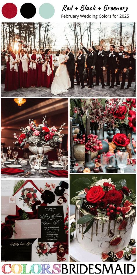 Red, black and greenery for February wedding colors for 2025, red bridesmaid dresses white scarfs, white bridal gown, black groomsmen suits, red flowers, greenery and black candles of centerpieces, black wedding invitations with red covers, white wedding cake with red flower and black mulberries. #weddingcolors #weddingideas #februaryweddings #winterweddings #colsbm #2025 #bridesmaiddresses #blackwedding #redwedding #redblackandgreenery Red Wedding Palette, February Wedding Colors, Black Groomsmen Suits, Winter Wedding Color Palette, 8 February, Wedding Color Palettes, White Bridal Gown, February Wedding, Wedding Color Trends