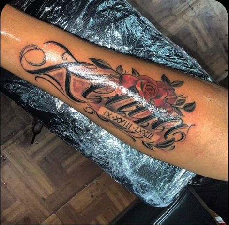 Momma Name Tattoo Ideas, Tattoos For Guys About Mom, Lion With Name Tattoo, Name Sleeve Tattoos For Men, Grandmom Tattoo Ideas, Name Tattoos For Men Forearm, Guys Arm Tattoos, Name Tattoos Designs, Tattoos For Guys Arm