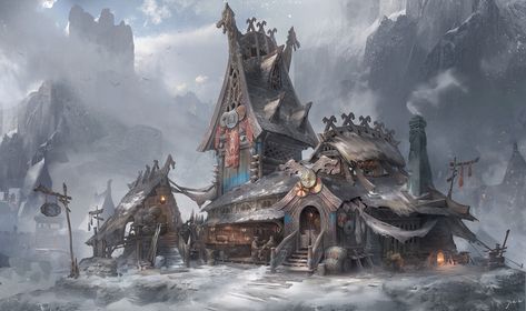 Viking Tavern, JIE .L on ArtStation at https://www.artstation.com/artwork/Z59xeZ Viking Tavern, Viking Photoshoot, Winter Viking, Nordic Village, Viking Wallpaper, Nordic Architecture, Viking House, Viking Character, Viking Village