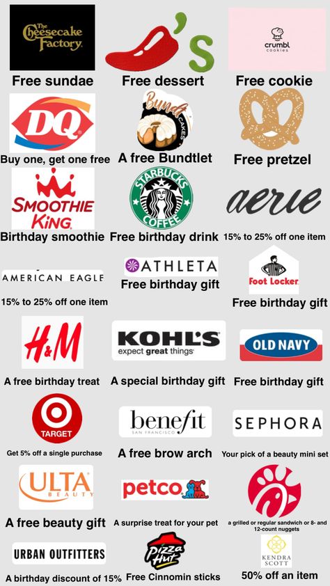 BIRTHDAY FREEBIES Freebies On Your Birthday, Birthday Hacks, Free Birthday Gifts, Satin Nightwear, Birthday Freebies, Cute Birthday Ideas, Cute Gifts For Friends, Fun Sleepover Ideas, Sleepover Things To Do