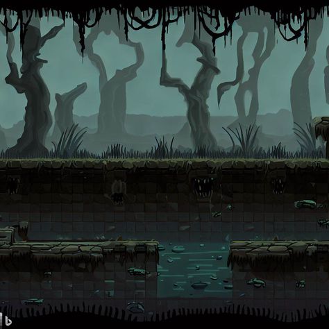 tilemap swamp game horror plataform 2d - Criador de Imagens Swamp Background Art, Horror Game Design, 2d Game Concept Art, Pixel Art Horror Game, 2d Horror Game, Horror Game Concept Art, Horror Game Background, Pixel Horror Game, Western Horror