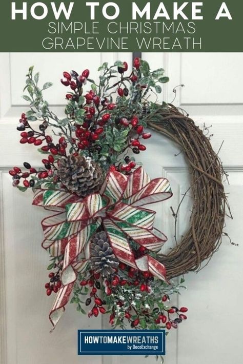 Holiday Wreaths Diy Christmas, Grapevine Christmas, Christmas Wreath Decor, Christmas Wreath Craft, Diy Christmas Wreath, Holiday Wreaths Christmas, Holiday Wreaths Diy, Christmas Wreaths Diy Easy, Easy Christmas Wreaths