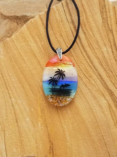 Tropical Ocean Beach Scenic Dichroic Pendant, Landscape Scene Pendant, Fused Glass Jewelry, Palm Tree and Dolphin Sunset Pendant Necklace Dolphin Sunset, Glass Pendent, Spring Necklace, Epoxy Crafts, Dichroic Pendant, Epoxy Resin Diy, Tropical Ocean, Resin Jewelry Diy, Resin Jewelry Making