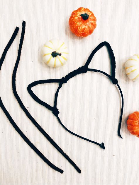 All you need is a headband and some black pipe cleaners to make this project happen! If you're in a pinch for a last minute Halloween costume- look no further! You can either twist the entire headband with pipe cleaner to make the whole thing look fuzzy OR just a few times, shape the ears and them twist the remainder! Easy Halloween Headbands, Make Cat Ears Headband, Easy Cat Ears Diy, Last Minute Cat Costume, Easy Halloween Costumes Diy Last Minute, Halloween Headbands Diy, Cat Headband Craft, Diy Cat Ears Headband, Pipe Cleaner Headband