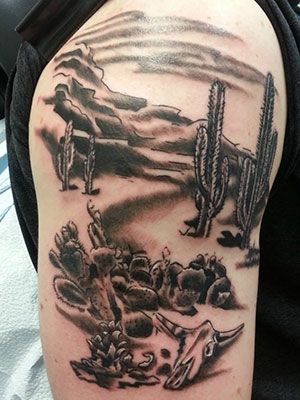 B/W desert scenery tattoo Mens Desert Tattoo, Dessert Scene Tattoo, Desert Western Tattoo, Desert Storm Tattoo, Desert Scene Tattoo Sleeve, Desert Landscape Tattoo Sleeve, Arizona Desert Tattoo, Western Scene Tattoo, Desert Landscape Tattoo