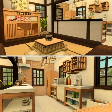 Sims Asian House, The Sims 4 Houses Ideas Japanese, Sims 4 Japanese Living Room, Traditional Japanese House Kitchen, Sims 4 Japanese Kitchen, Sims 4 Japanese Interior, Sims 4 Japanese House Interior, Ts4 Japanese House, Sims 4 Asian House