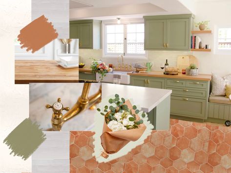 Terracota Backsplash Kitchen, Terracotta Green Kitchen, Cream And Terracotta Kitchen, Terracota Kitchen Ideas, Boho Kitchen Terracotta, Terracotta Floor Kitchen Color Schemes, Terracotta Countertops, Green Kitchen Terracotta Floor, Muted Green Kitchen