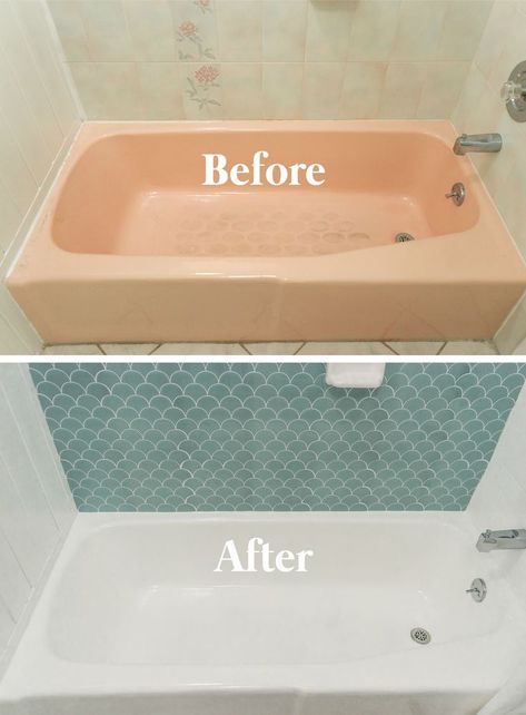 Learn how to paint a bathtub and shower tiles for under $50. It's a complete bathroom transformation! I took my pink tub to white in a weekend. Paint Bathtub, Bathtub Tile Surround, Bathtub Makeover, Design Interior Baie, Pink Bathtub, Pink Tub, Painting Bathtub, Bathtub Surround, Diy Bathtub