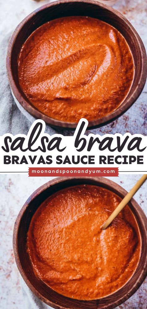 Your easy homemade staples won't be complete without salsa brava! This bravas sauce recipe is a DIY condiment that's vegan, dairy-free, gluten-free, nut-free, and soy-free. Rich and flavorful, you can use this spicy Spanish tomato sauce in so many ways! Spanish Dipping Sauce, Spanish Tomato Sauce, Spicy Tomato Sauce Recipe, Easy Vegan Sauces, Salsa Quemada Recipe, Braums Sauce Recipe, Spanish Sauces, Bravas Sauce Recipe, Patatas Bravas Sauce