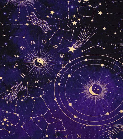 Novelty Cotton Fabric Purple Celestial | JOANN Pagan Witch, Altar Cloth, Zodiac Constellations, Cotton Quilting Fabric, Purple Backgrounds, Sun And Moon, Flannel Fabric, Dog Leash, Yin Yang