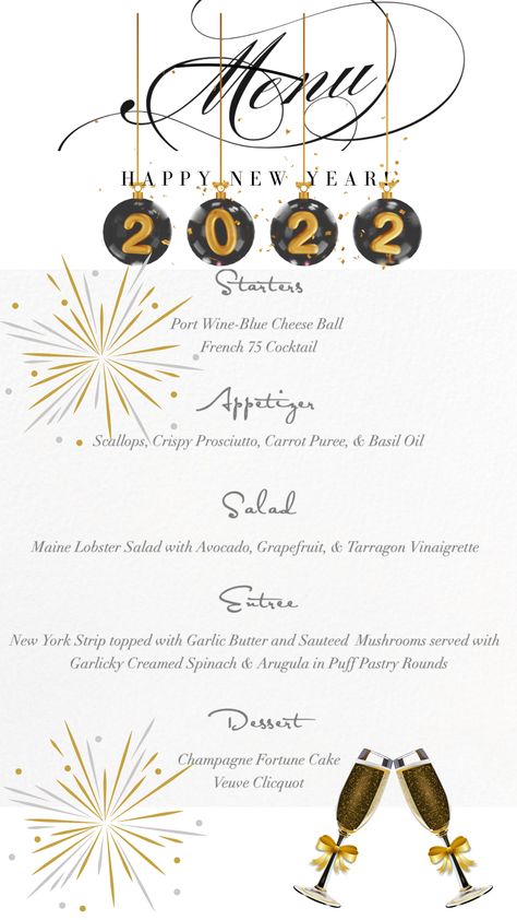 New Year's Eve Dinner Menu New Year Eve Menu Ideas, New Years Eve Menu Ideas Dinners, New Year Menu Ideas, New Years Menu Ideas, New Years Eve Menu Ideas, New Year Home Decor Ideas, New Years Day Menu, Restaurant Creatives, New Years Ideas