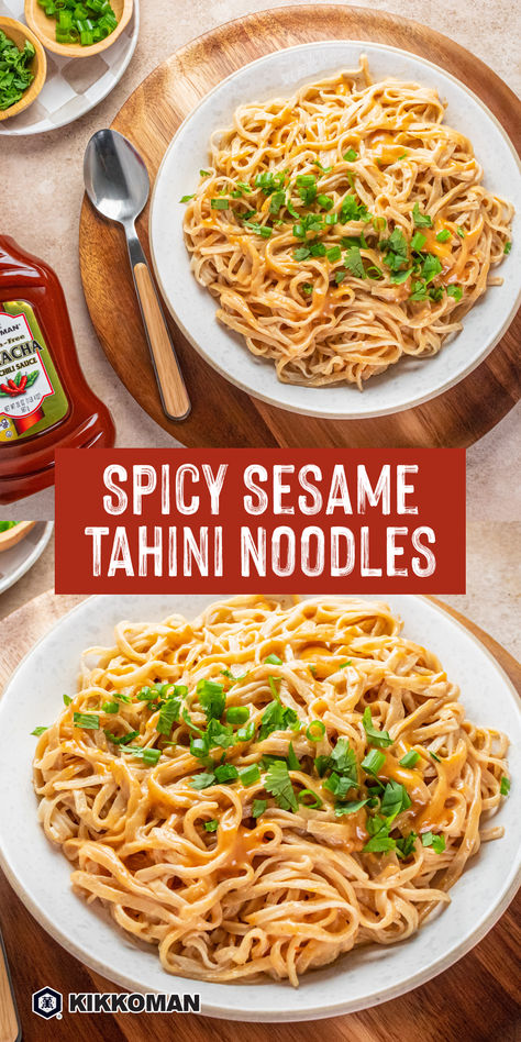 Quick, easy, and bursting with flavor, these Spicy Sesame Tahini Noodles are a perfect go-to meal! Made with a creamy sauce featuring Kikkoman® Sriracha Hot Chili Sauce and Less Sodium Soy Sauce, these noodles are ready in just 13 minutes. Top with fresh cilantro for a delicious, spicy kick! Rice Noodles Sauce, Easy Asian Noodle Sauce, Sesame Rice Noodles, Asian Noodles Sauce, Sesame Ramen Noodles, Tahini Noodles, Spicy Sesame Noodles, Spicy Asian Noodles, Buttered Noodles Recipe