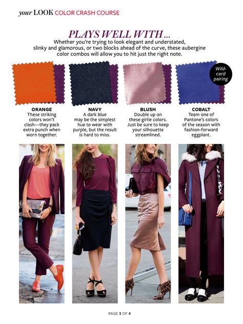 Sept 14 Instyle spread showing how to wear the colors of the season: plumberry (bordeaux), soft pink, orange, midnight in paris (blue) all found in #CAbi fall 14 collection!