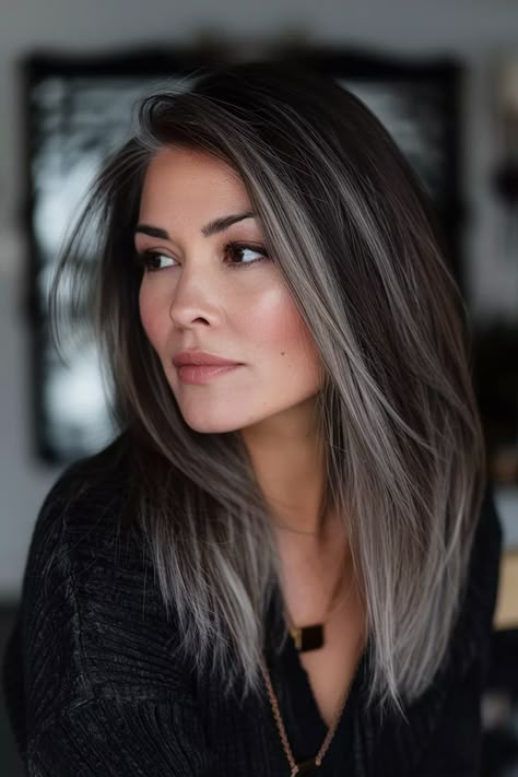 Slightly Highlighted Brown Hair, Womens Dark Hair With Highlights, Extra Long Bob Hairstyles, Gray Blending Asian Hair, Blending Brown And Grey Hair, Mid Length A Line Haircut, Foliage On Dark Hair, Brownish Gray Hair, Silver Money Piece Hair Brunette