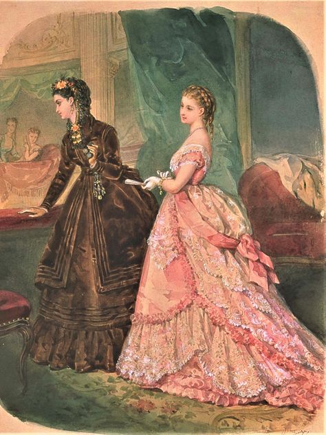 Fashion Plate - La Mode Illustree - 1869 1868 Dress, Historic Dresses, Rennaissance Art Dress, 1876 Fashion, 1800s French Fashion, 1860s Fashion Women, 1875 Fashion, Period Fashion, 1869 Fashion