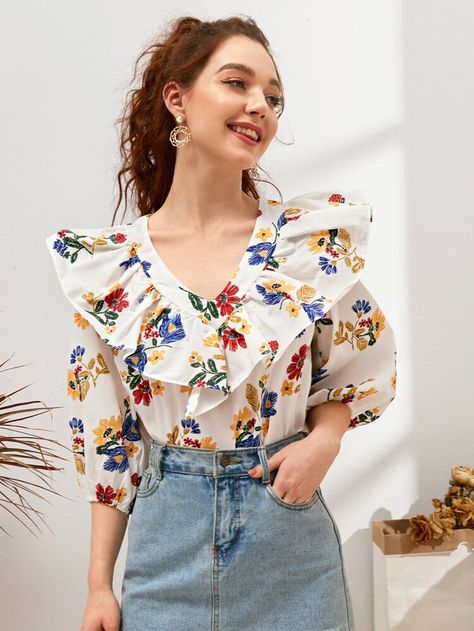 Fashion Tops Blouse Style, Ruffle Blouse Outfit, Floral Blouse Outfit, Fall Blouses, Women Ruffle Blouse, Fashion Top Outfits, Fashion Tops Blouse, Summer Blouse, Blouse Outfit