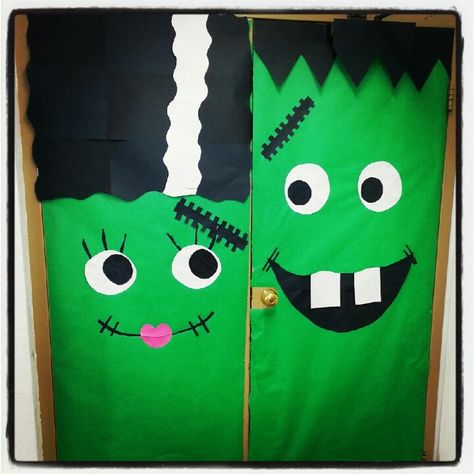 Frankenstein and frankenbride doors Frankenstein Bulletin Board, Frankenstein Door, Frankenstein Door Decoration, Haloween Decoracion Classroom Door, Frankenstein Door Hanger, Door Monster Halloween, Halloween Monster Doors, Halloween Door Decorations Classroom, Classroom Door Decorating