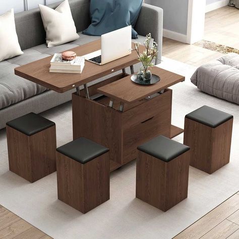 Margaux 39.37 Vintage Walnut Lift Top Coffee Table With Casters And 4 Leather Upholstered Stools - hernest Murphy Furniture, Coffee Table With Casters, Coffee Table With Stools, Havenly Living Room, Convertible Table, Storage Coffee Table, Upholstered Stool, Leather Stool, Coffee Table Set