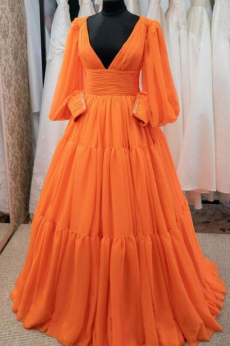 Orange Puffy Sleeves Deep V-neck Ball Gown Party Dress Simple, Rustic Dress, Cocktail Dress Yellow, Rustic Dresses, Gown Pictures, Colors Dress, Orange Chiffon, Dream Prom, Simple Prom Dress