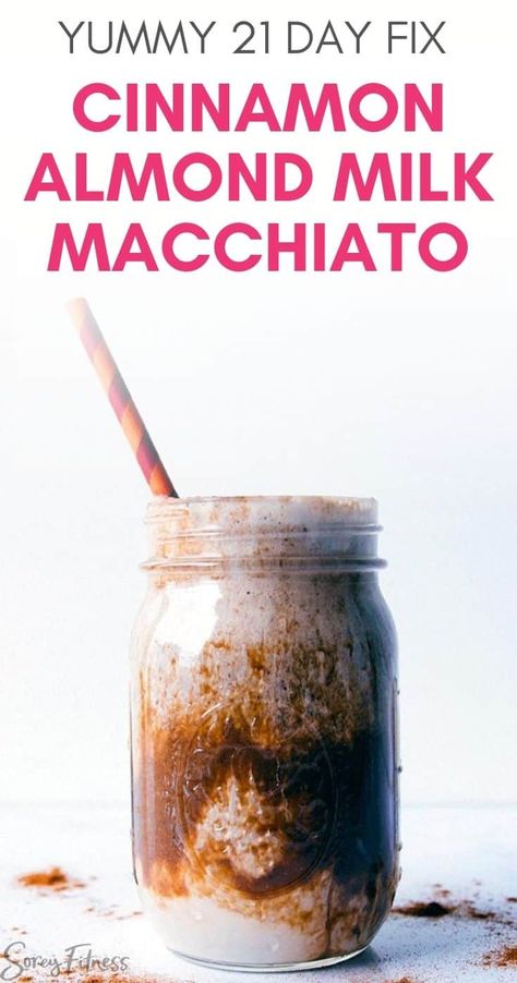 Our copycat 21 Day Fix Iced Cinnamon Almond Milk Macchiato recipe is creamy, quick, and easy to make! You'll also get in your daily dose of dense nutrition by adding in Shakeology! #21dayfix #starbucks #21dayfixrecipes Homemade Drinks Recipes, Vegan Board, 21 Day Fix Breakfast, Macchiato Recipe, Smoothie Benefits, Beachbody Recipes, 21 Day Fix Meals, Cinnamon Almonds, Homemade Drinks