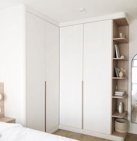 Modern Cupboard Designs For Bedroom, L Shaped Wardrobe, Small Bedroom Cupboards, L Shape Wardrobe Design, Shelves For Decor, Small Bedroom Storage Solutions, Curved Shelves, Sleeping Room Design, Bedroom Storage Solutions