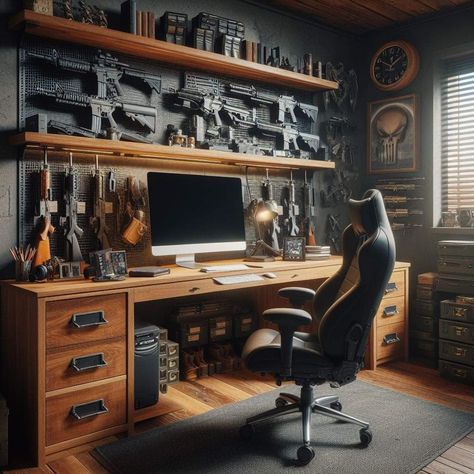 Tactical Gear Setup, Tactical Room Ideas, Mafia Office, Study Room Ideas For Men, Safe Ideas, Reloading Room, Konosuba Wallpaper, Gear Room, Man Cave Room