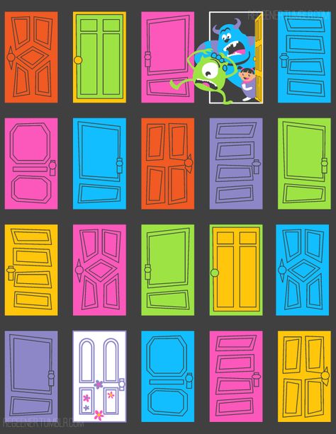 My Monsters Inc/Threadless submission! PLEASE VOTE FOR ME HERE: Monsters Inc. is one of my favorite Pixar movies, the door room scene at the end especially, so this contest was perfect! Here is the... Monsters Inc Doors, Monsters Inc Baby, Monster Inc Birthday, Monster Inc, 카드 디자인, Monster University, Monster Party, Monsters Inc, Disney And Dreamworks