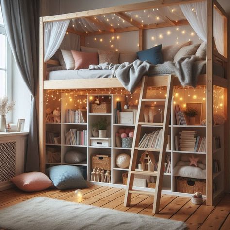 Loft Bed Ideas Double Loft Beds With Stairs, Bunk Bed With Open Space Underneath, Closet Under Bed Loft, Loft Beds With Storage, Twin Loft Bed With Storage, Loft Beds For Boys Room, Bed With Shelves Underneath, Tiny Room Loft Bed, Loft Bed Built In