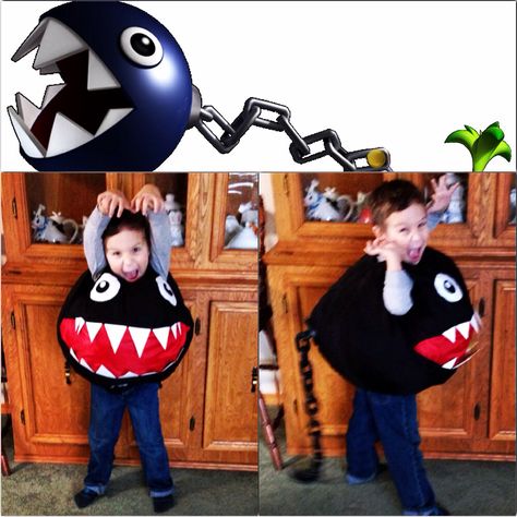 Home made costume my mom made for my son.  Chain Chomp from Super Mario Bros.  Made from scratch, no pattern.  Teeth are cut from margarine container lids, tail base is the bottom of a black takeout container and the tail is a plastic chain bought at the dollar store in the Halloween section.  He loves it!! Chain Chomp Costume, Mario Costume Diy, Mario Brothers Costumes, Halloween Cubicle, Mario Bros Costume, Mario Halloween Costumes, Super Mario Costumes, Family Costumes Diy, Chain Chomp