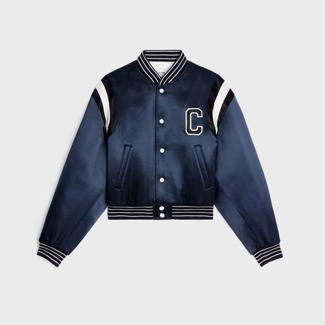 Celine cropped bomber jacket in thick satin - Navy | CELINE Casual Dress Shoes, Handbags Leather, Leather Goods, Casual Style, High Tops, Ready To Wear, Bomber Jacket, Loose Fitting, Online Store